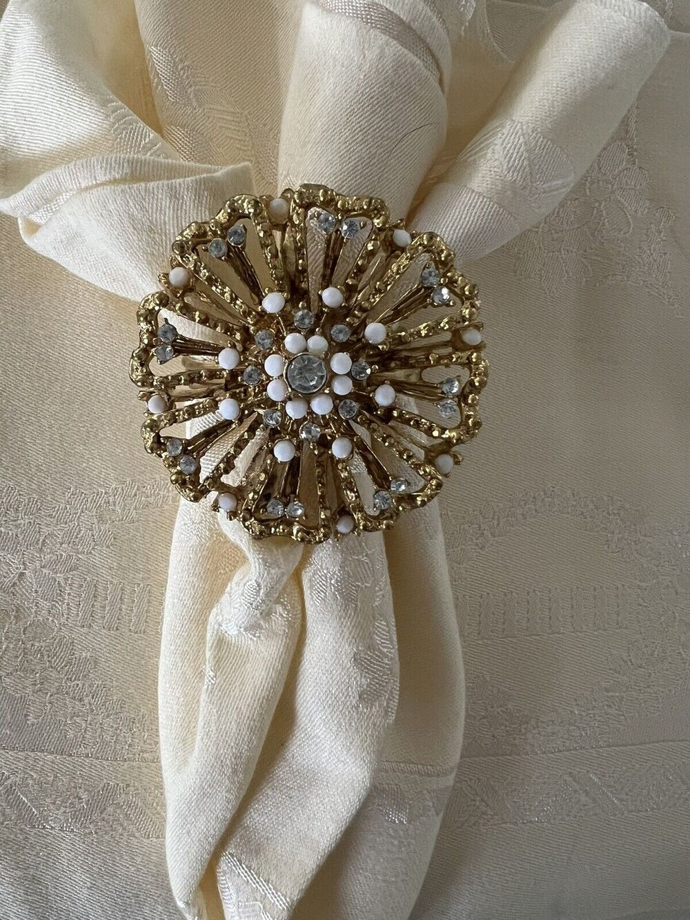 Pier 1 Napkin Rings Holders Jeweled Rhinestones & Beaded Set of 5 NWT Gold Plate